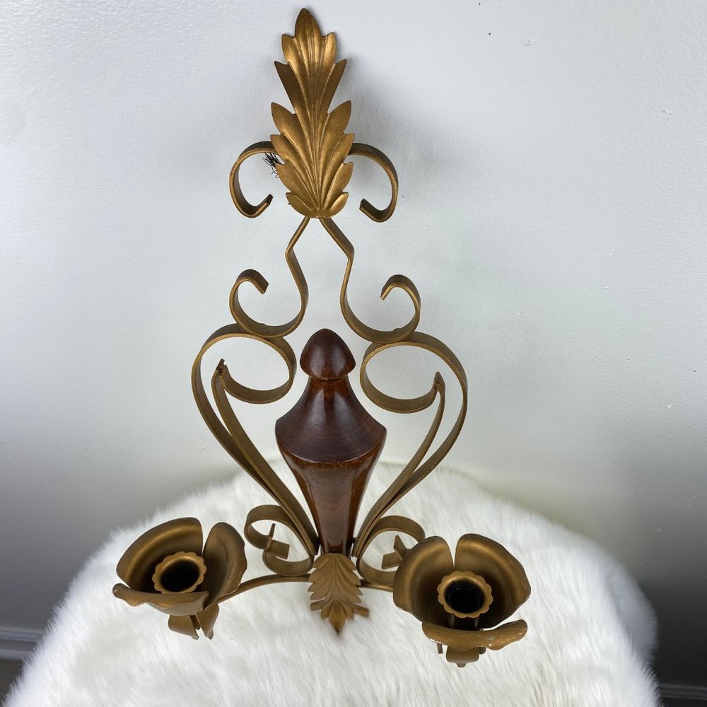 Vintage Wood & Brass Rose Candle Holder Wall Hanging 17.5" X 9.5" X 4" - Picture 5 of 10